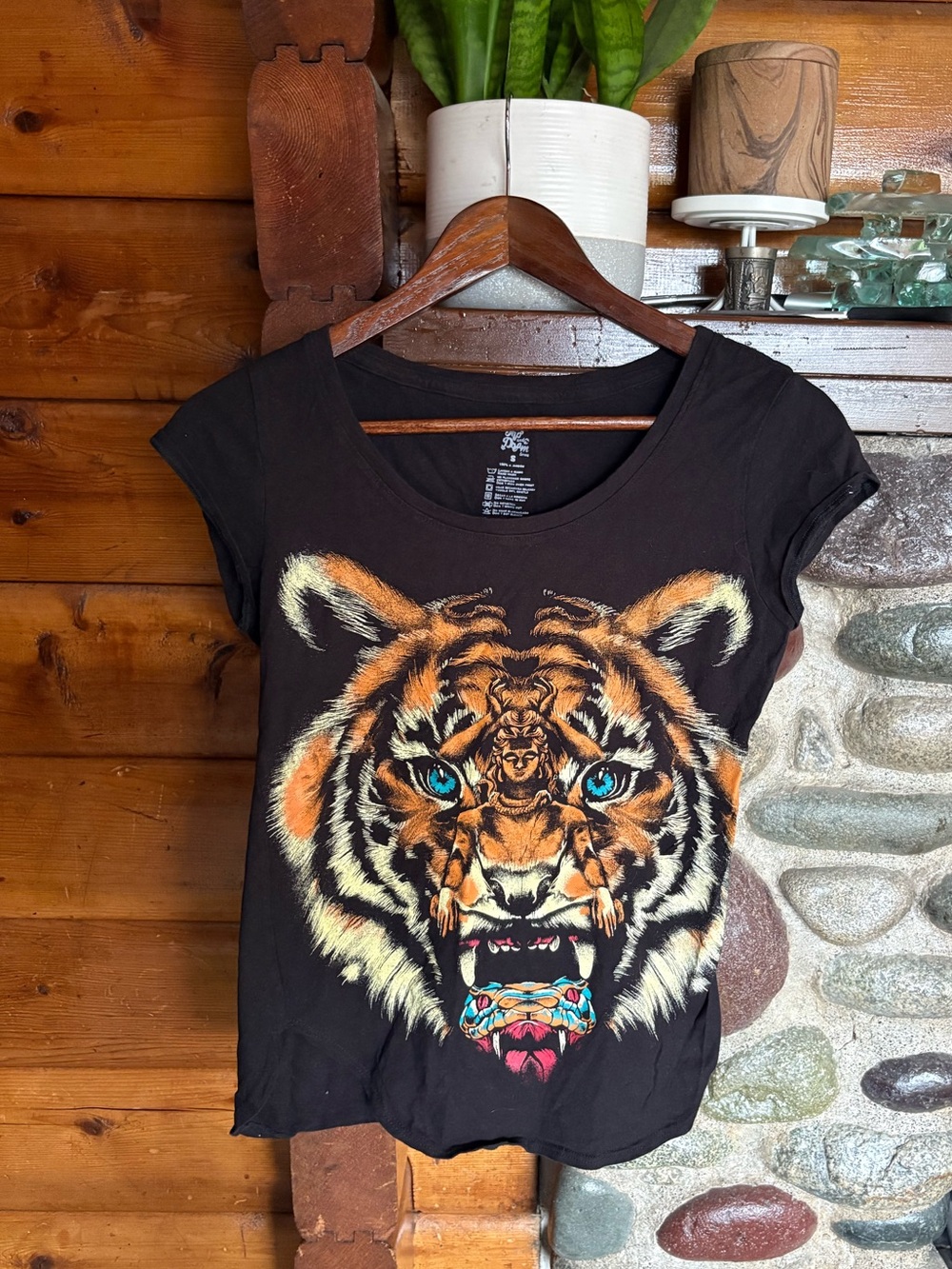 Y2K Tiger Goddess Snake Graphic Tee Edgy Biker Black Cotton Top S Trip & Dream - Picture 2 of 4